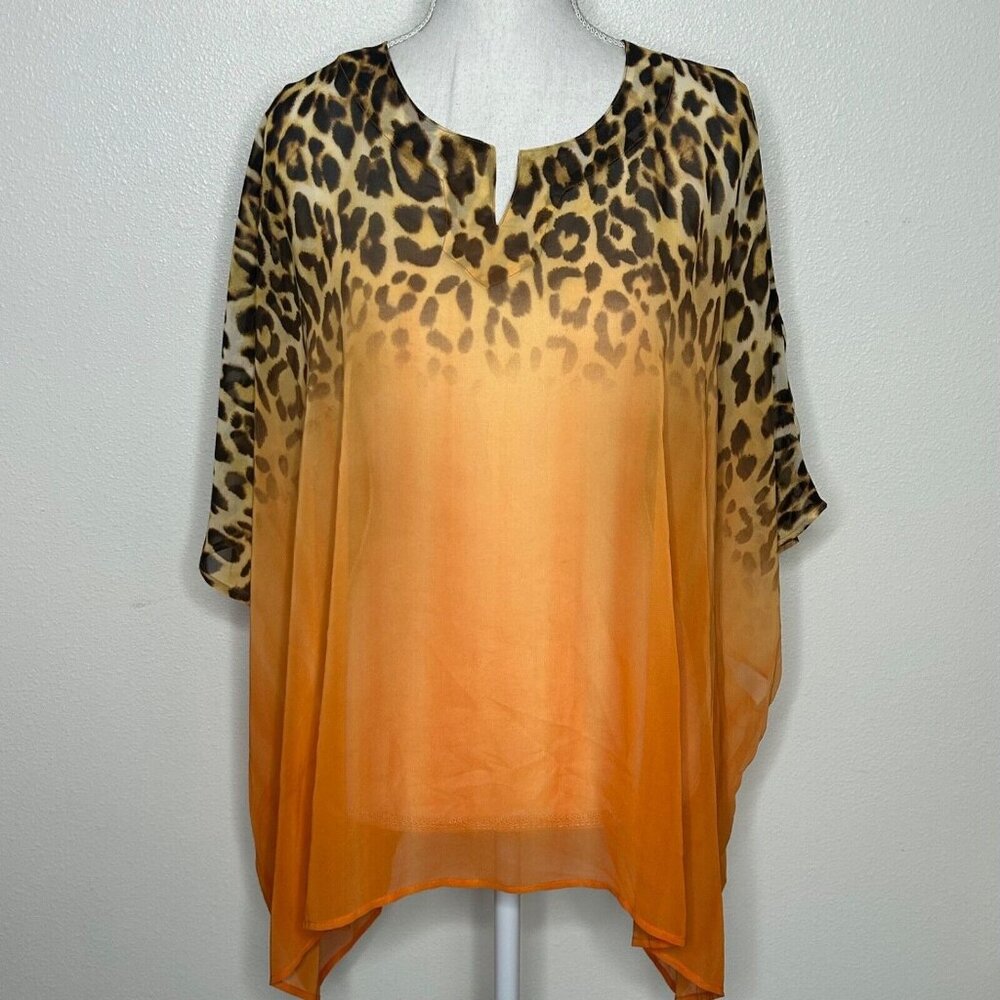Susan Graver Boho  Leopard Print Orange  Sheer  Top